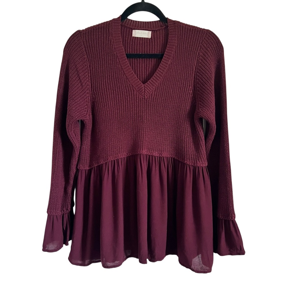 Altar'd State Peasant Boho Top Burgundy V Neck Bell Sleeve Tiered Ruffle Size L